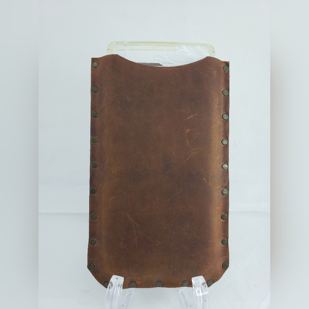 Brown Leather Phone Case with Stud Trim Hand Crafted